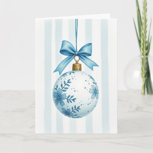 Blue Floral Christmas Ornament Card (Front)
