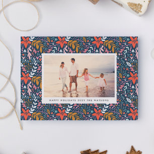 Blue Floral Christmas Pretty Holiday Photo Card