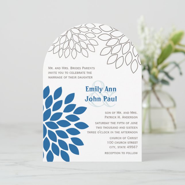 Blue Floral Chrysanthemum Wedding Invitations (Standing Front)