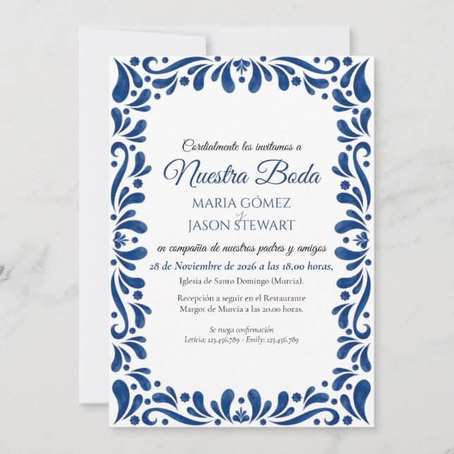 Blue Floral Classic Aesthetic Boda Spanish Wedding Invitation (Front)