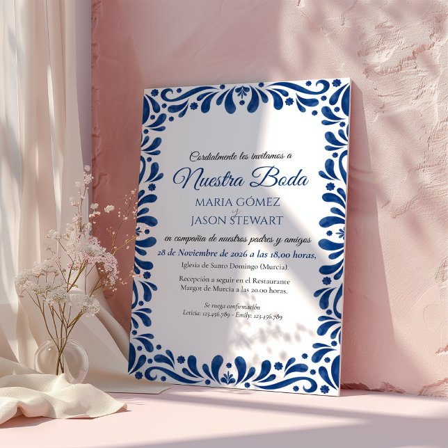 Blue Floral Classic Aesthetic Boda Spanish Wedding Invitation (Blue Floral Classic Aesthetic Boda Spanish Wedding Invitation)