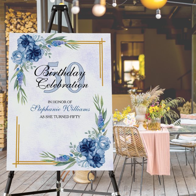 Blue Floral Classic Elegant Women's 50th Birthday Foam Board (Creator Uploaded)