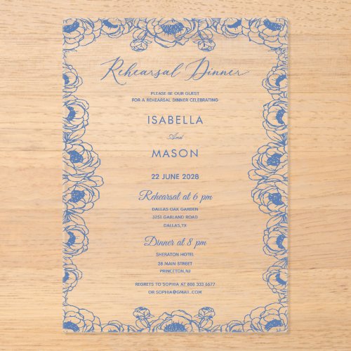 BLUE FLORAL CLASSIC REHEARSAL WEDDING INVITE ACRYLIC INVITATIONS