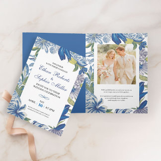 Blue Floral Classic Wedding Folded Invitation