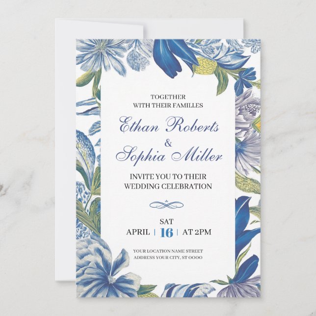 Blue Floral Classic Wedding Invitation (Front)