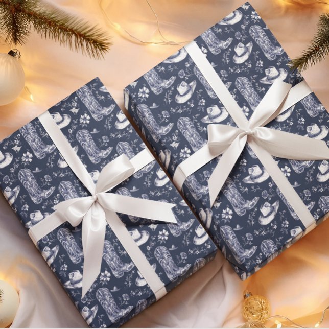 Blue Floral Coastal Cowgirl Western Christmas Wrapping Paper (Creator Uploaded)