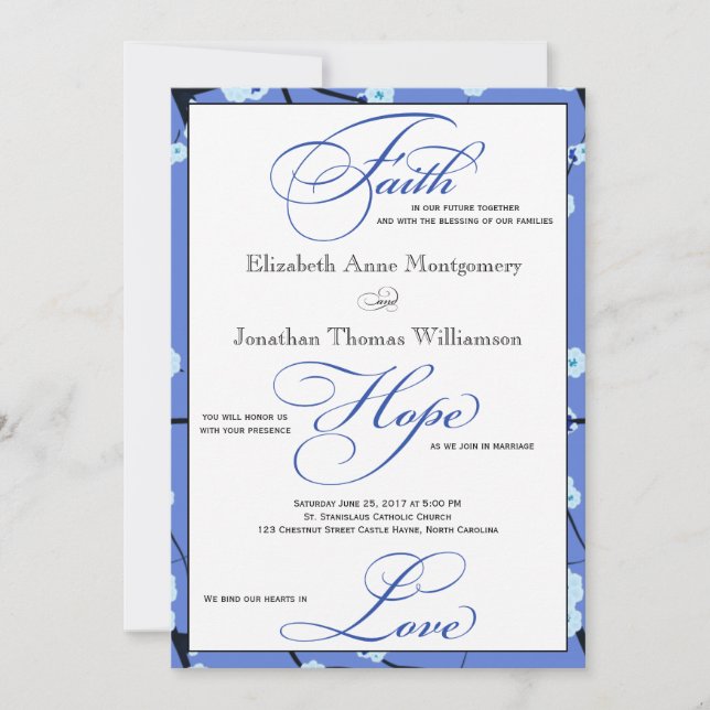 Blue Floral Contemporary Christian Wedding Invitation (Front)