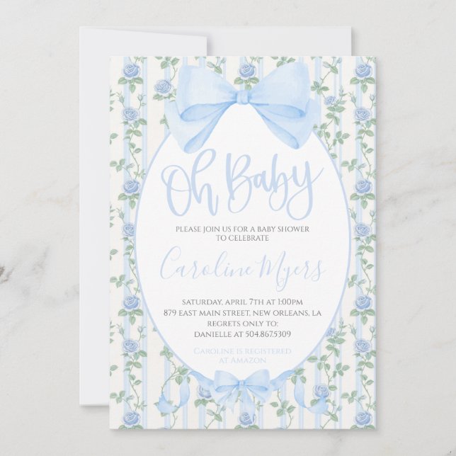 Blue Floral Coquette Bow Baby Boy Invitation (Front)