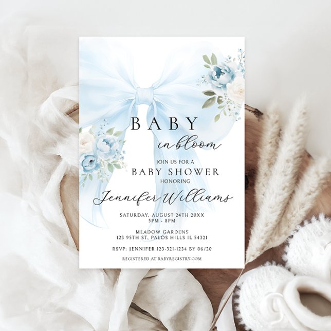 Blue floral Coquette Bow Baby in bloom Boy shower Invitation (Creator Uploaded)