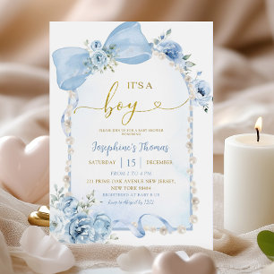 Blue Floral Coquette Bow Its a Boy Baby Shower Invitation
