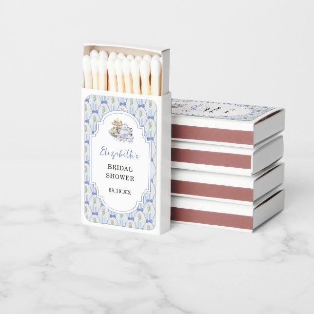 Blue Floral Coquette Tea Party Bridal Shower Matchboxes (Stacked)