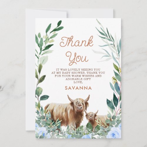 Blue Floral Cow Calf Baby Shower Thank You Card