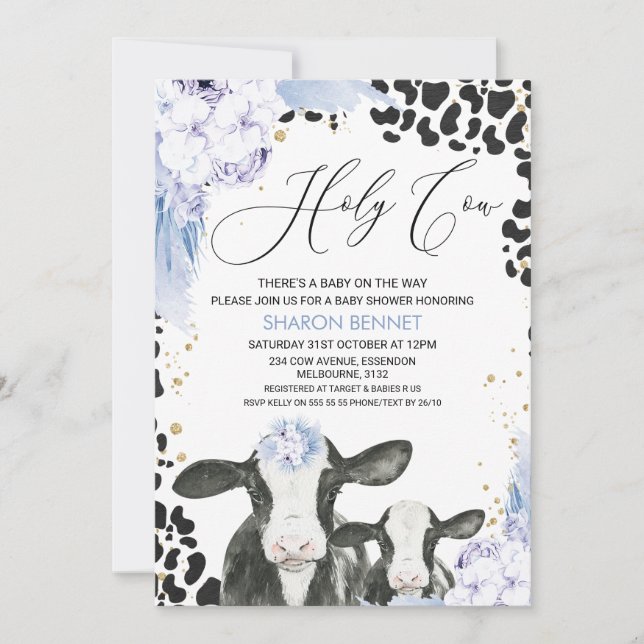 Blue Floral Cow Calf Boho Floral Baby Shower Invitation (Front)