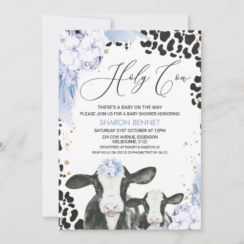 Blue Floral Cow Calf Boho Floral Baby Shower Invitation