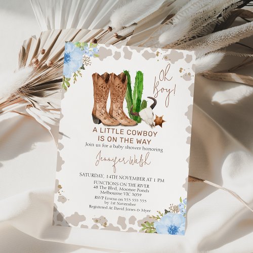 Blue Floral Cow Print Little Cowboy baby Shower  Invitation