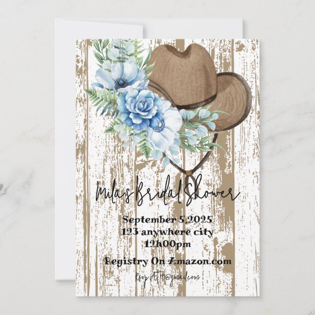 Blue floral cowgirl bridal shower invitation (Front)