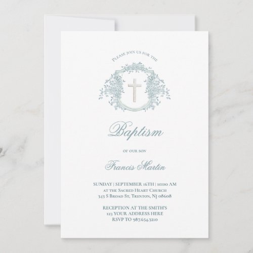 blue floral crest  Baptism Invitation