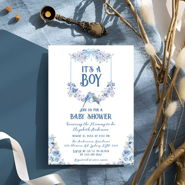 Blue Floral Crest Bow Baby Shower Invitation (Creator Uploaded)