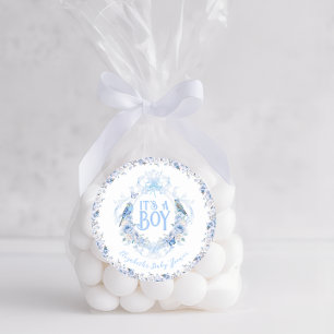 Blue Floral Crest Bow It's a Boy Baby Shower Classic Round Sticker