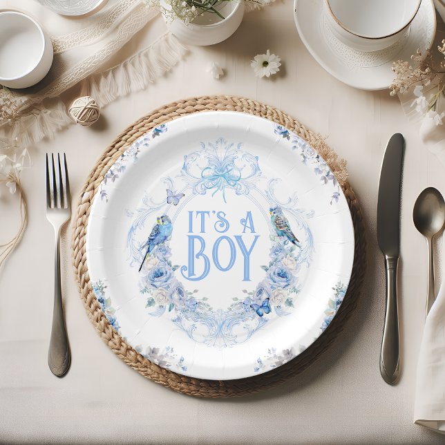 Blue Floral Crest Bow It's a Boy Baby Shower Paper Plates (Creator Uploaded)