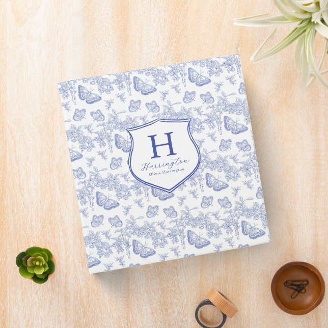 Blue Floral Crest Butterly Chinoiserie Monogram 3 Ring Binder (In Situ)