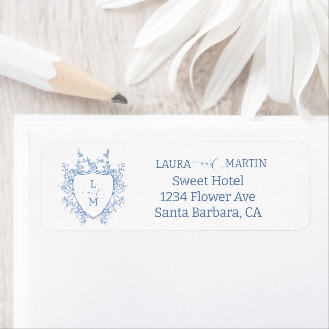 Blue floral crest frame, calligraphy script invita label (Insitu)