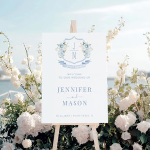 Blue Floral Crest French Wedding Welcome Sign 