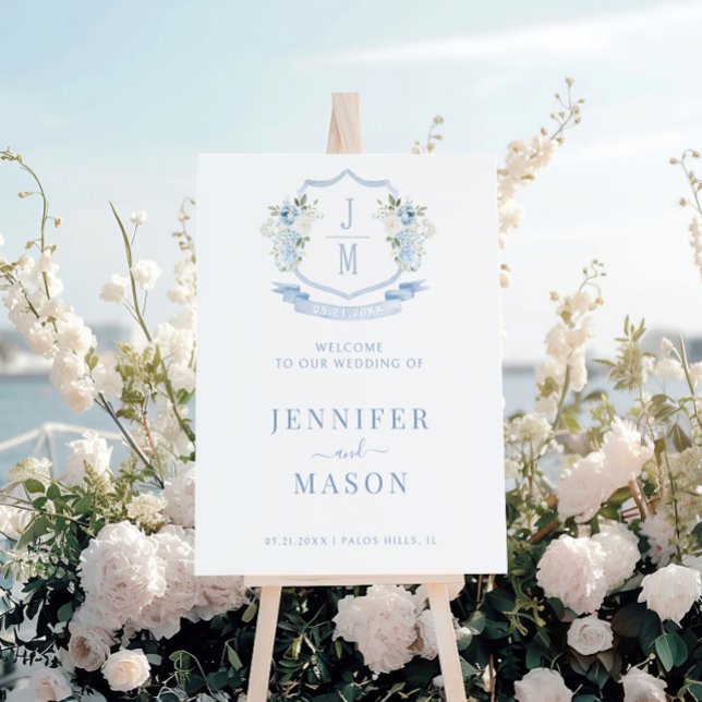 Blue Floral Crest French Wedding Welcome Sign  (Creator Uploaded)