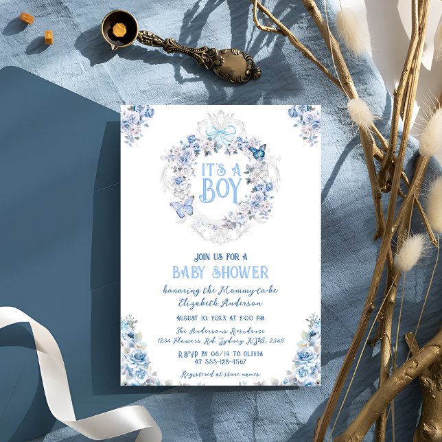 Blue Floral Crest  Its a Boy Baby Shower Invitation (Creator Uploaded)