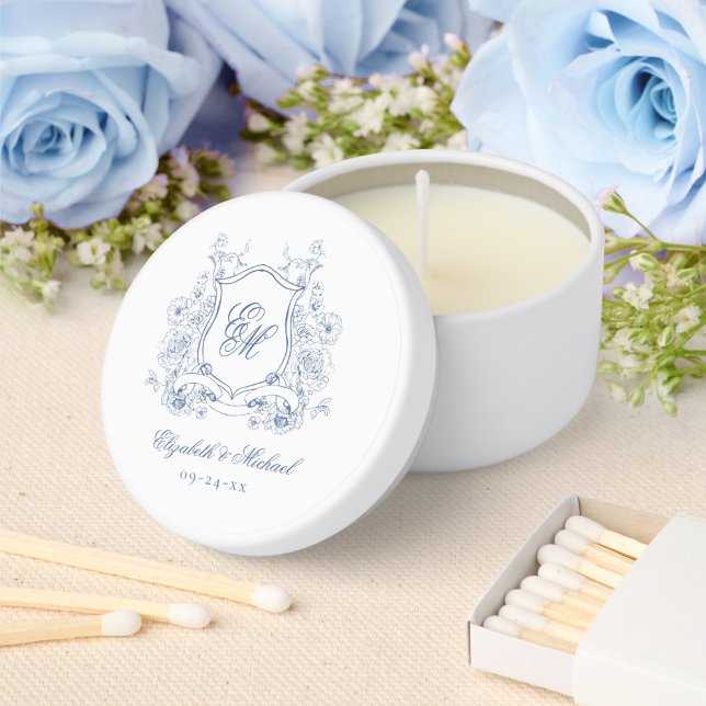 Blue Floral Crest Monogram Elegant Wedding Mini Candle Favors (Creator Uploaded)
