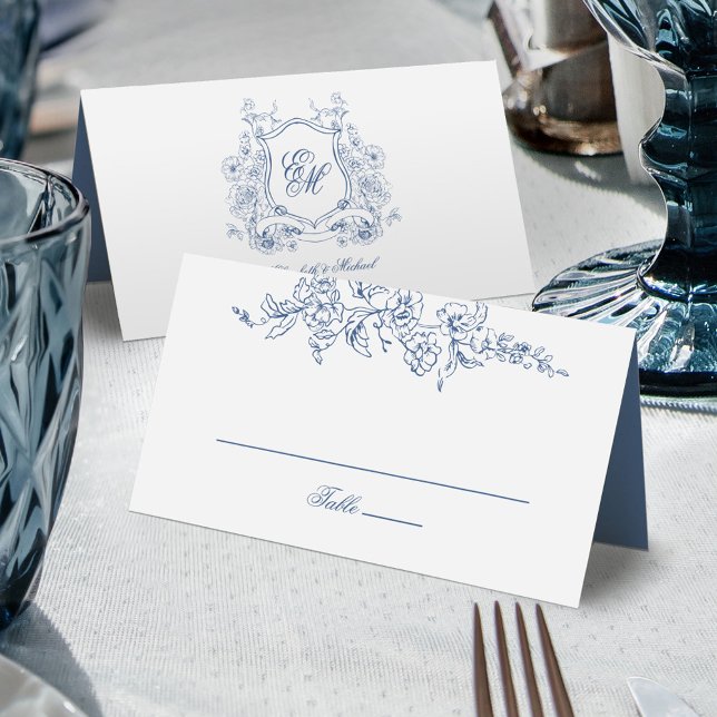 Blue Floral Crest Monogram Elegant Wedding Place Card (Creator Uploaded)