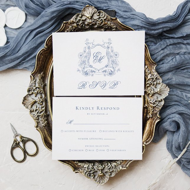 Blue Floral Crest Monogram Elegant Wedding RSVP Card (Creator Uploaded)
