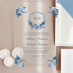 Blue Floral Crest Monogram Wedding Acrylic Invitations