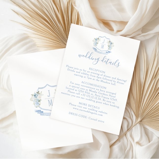 Blue Floral Crest Monogram Wedding Details Card (Creator Uploaded)