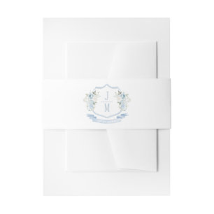 Blue Floral Crest Monogram Wedding  Invitation Belly Band