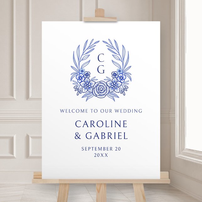 Blue Floral Crest Monogram Wedding Welcome Foam Board (Creator Uploaded)