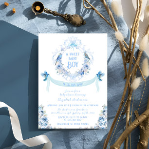 Blue Floral Crest Sweet Baby Boy Baby Shower Invitation