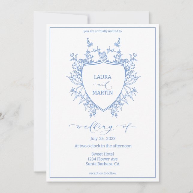 Blue floral crests frame, calligraphy script invitation (Front)