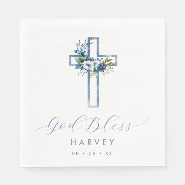 Blue Floral Cross Baby God Bless Baptism Napkins | Zazzle