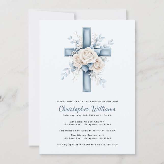 Blue Floral Cross Baptism Invitation (Front)