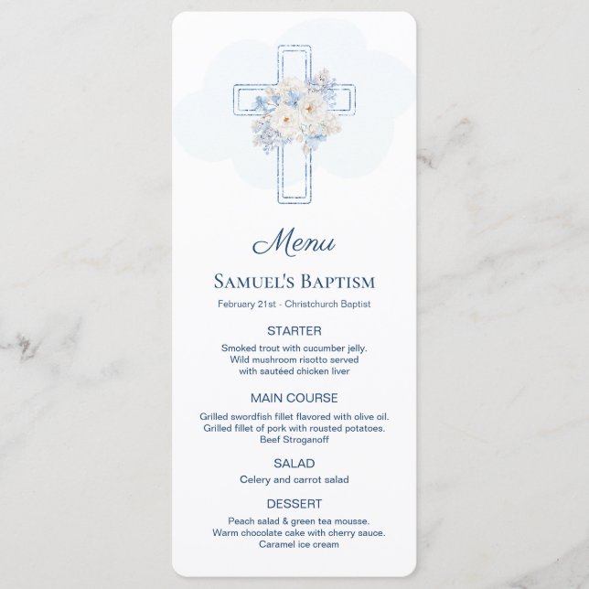 Blue Floral Cross Baptism Menu (Front)