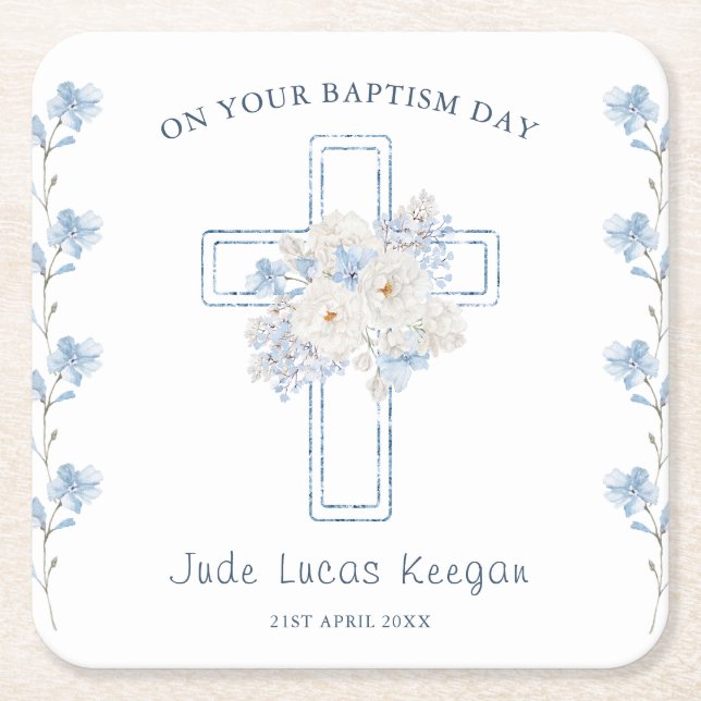 Blue Floral Cross Baptism Paper Coaster (Front)