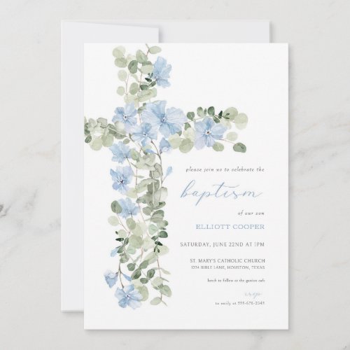 Blue Floral Cross Boy Baptism Invitation