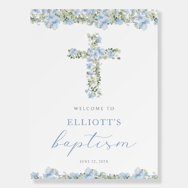 Blue Floral Cross Boy Baptism Welcome Sign (Front)