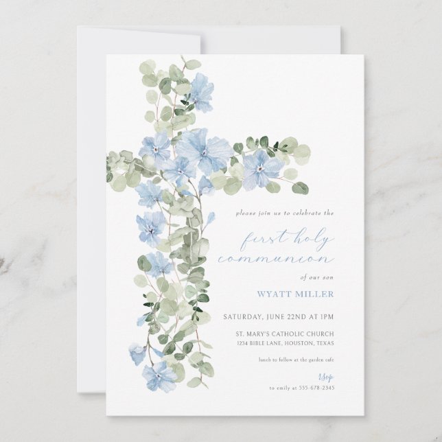 Blue Floral Cross Boy First Holy Communion Invite (Front)