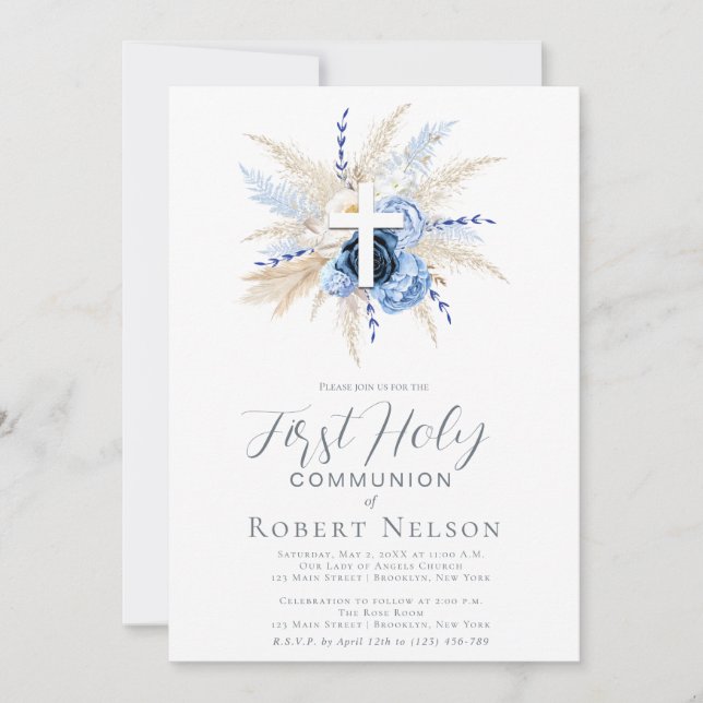 Blue Floral Cross First Communion  Invitation (Front)