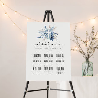  blue floral cross first communion seating chart foam board