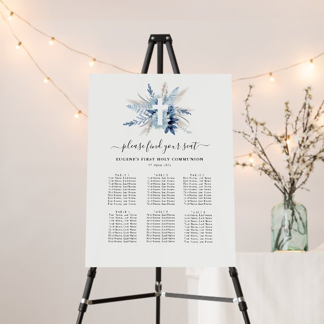  blue floral cross first communion seating chart foam board (In Situ (Stand))
