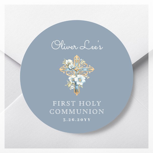 Blue Floral Cross First Holy Communion Classic Round Sticker (Creator Uploaded)