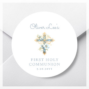 Blue Floral Cross First Holy Communion Classic Round Sticker